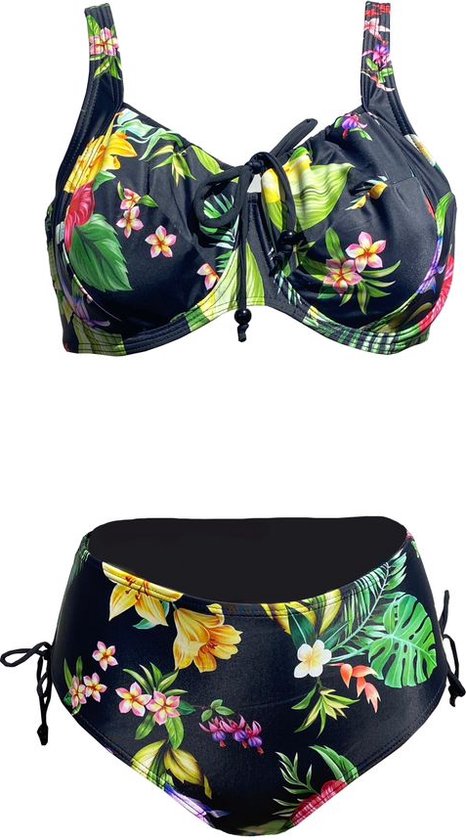 Set Bikini 2 Pièces- Bikini Armature (Coques Non Rembourrées) Tenue de Plage- Maillot de Bain- Maillot de Bain- Maillot de Bain FW6038- Zwart avec Motif Fleuri- Taille 46