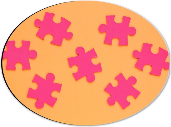 Dibond Ovaal - Roze Puzzelstukjes op Oranje Achtergrond - 40x30 cm Foto op Ovaal (Met Ophangsysteem)