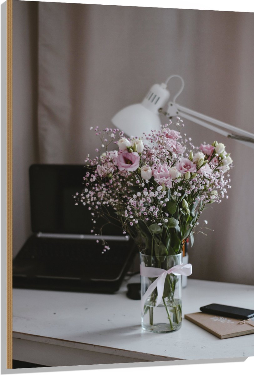 Hout - Bloemen - Boeket - Water - Strik - Lamp - Telefoon - Bureau - Laptop - 80x120 cm - 9 mm dik - Foto op Hout (Met Ophangsysteem)