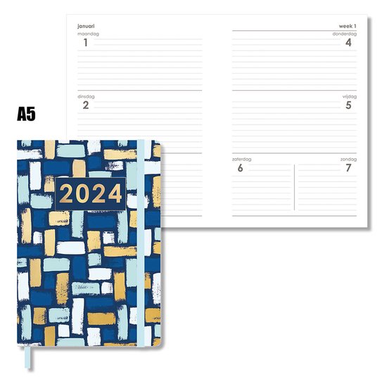 MGPcards - Agenda 2024 - A5 (21,5x15,5 cm) - Foliedruk - Week op 2 pagina's - Ruime Vakken - Blauw