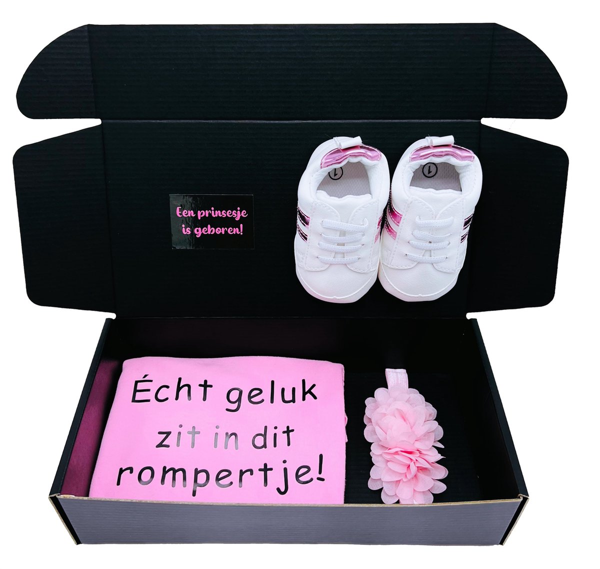 Goedkoopste Kraamcadeau meisje met romper, sneakers en hoofdband - kraampakket - echt geluk zit in dit rompertje- kraampakket met babysneaker - kraamkado baby - kraamkado meisje - rechtstreeks versturen als cadeau ook mogelijk