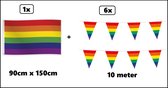 6x Regenboog vlaggenlijn 10 meter + Regenboog vlag 90cm x 150cm - Landen festival thema feest fun verjaardag pride