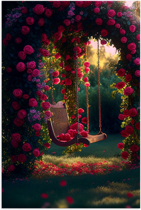 Poster Glanzend – Romantische Schommel aan Roze Bloemenboog - 40x60 cm Foto op Posterpapier met Glanzende Afwerking