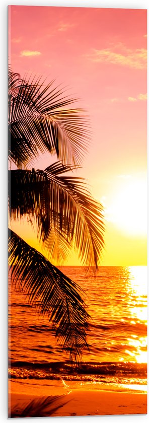 Acrylglas - Silhouet van Grote Palmboom boven de Golven in de Zee tijdens Zonsondergang - 30x90 cm Foto op Acrylglas (Wanddecoratie op Acrylaat)