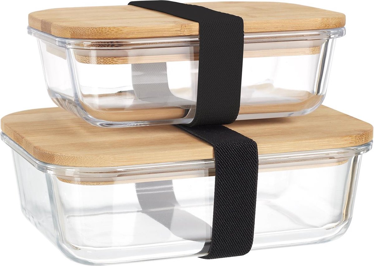 Set van 2 glazen Vershoudbakjes met bamboe deksels en veiligheidsstrip - inhoud: 0,5 L en 0,9 L