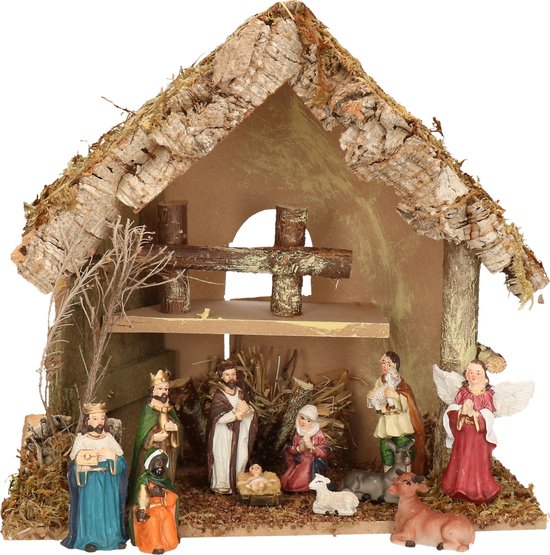 Complete kerststal met 11x st kerststal beelden - 30 x 18 x 26 cm - hout/mos/polyresin