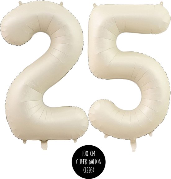 Cijfer Helium Folie ballon XL - 25 jaar cijfer - Creme - Satijn - Nude - 100 cm - leeftijd 25 jaar feestartikelen verjaardag