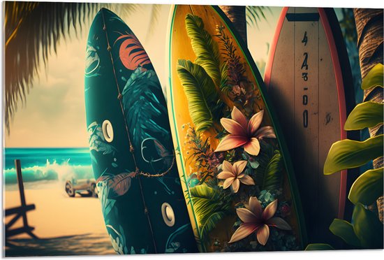 Acrylglas - Rij Surfplanken in Verschillende Patronen en Kleuren op het Strand - 90x60 cm Foto op Acrylglas (Wanddecoratie op Acrylaat)