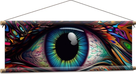 Textielposter - Schilderij van Blauw oog op Kleurrijk Gezicht met Patronen - 90x30 cm Foto op Textiel