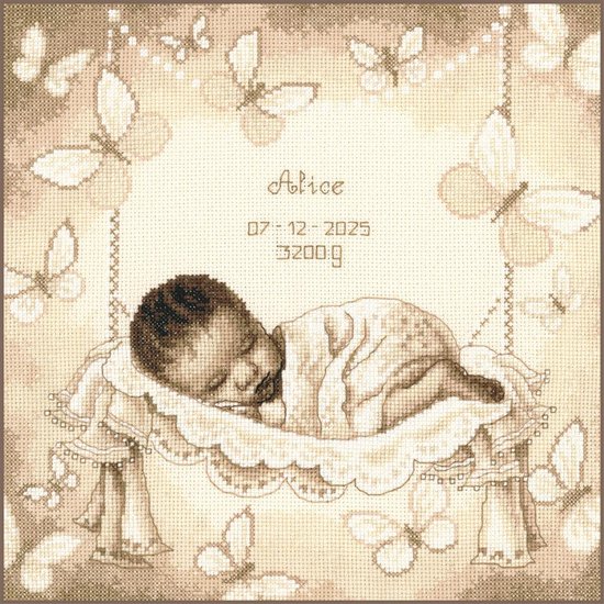 Vervaco - Kit de comptage - Naissance - Sépia - Bébé dans un hamac avec des papillons - PN-0202504