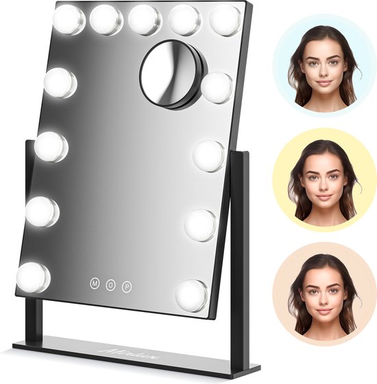 Mirlux Make Up Hollywood Spiegel met Verlichting - Visagie - Dimbaar LED Lampen Licht - 13 Lampen - Zwart