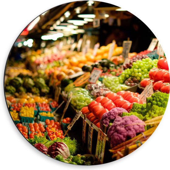Dibond Muurcirkel - Markt - Eten - Groente - Fruit - Kleuren - 50x50 cm Foto op Aluminium Muurcirkel (met ophangsysteem)