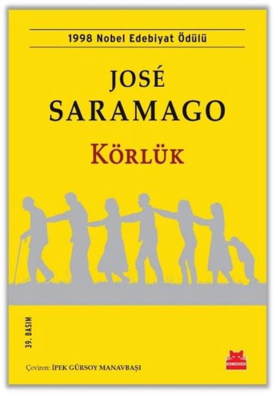 Geel boekcover van 'Körlük' door José Saramago met een silhouet van mensen in een rij op een grijze ondergrond.