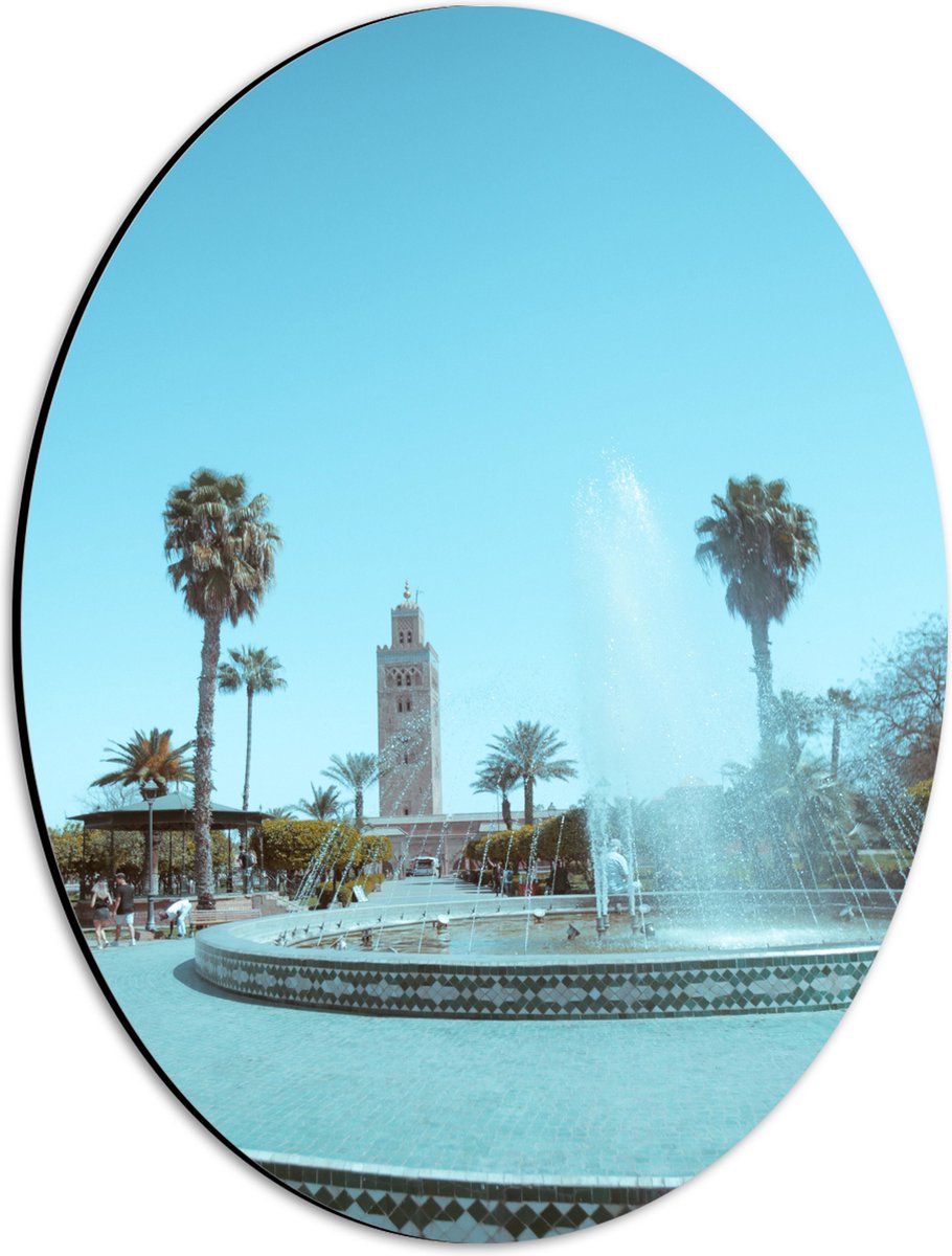 Dibond Ovaal - Gebouw - Fontein - Water - Bomen - Palmbomen - Mensen - 30x40 cm Foto op Ov
