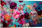 Acrylglas - Zee van Kleurrijke Bloemen tegen Blauwe Achtergrond - 105x70 cm Foto op Acrylglas (Met Ophangsysteem)