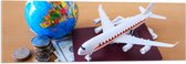 Acrylglas - Wereldbol met Miniatuur Vliegtuig, Paspoort en Buitenlandse Valuta - 120x40 cm Foto op Acrylglas (Met Ophangsysteem)