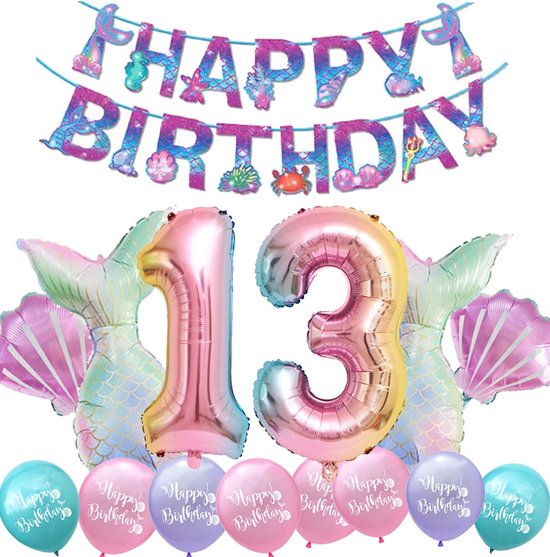 Snoes - Cijfer Folie Ballon - 13 Jaar Ballon - Zeemeermin Mermaid Mega pakket inclusief Slinger - Verjaardag - Meisje - Birthday Girl - Happy Birthday - Verjaardag 13 Jaar