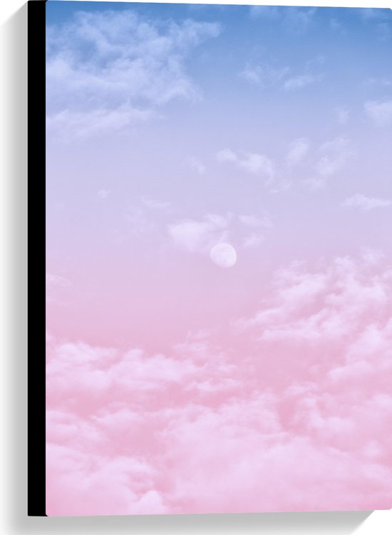 Canvas - Lucht - Wolken - Maan - Blauw - Roze - 40x60 cm Foto op Canvas Schilderij (Wanddecoratie op Canvas)