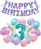 Snoes - Set de Fête de sirène - Paquet de ballons avec guirlande Happy Birthday - Ballon numéroté turquoise menthe 3 ans