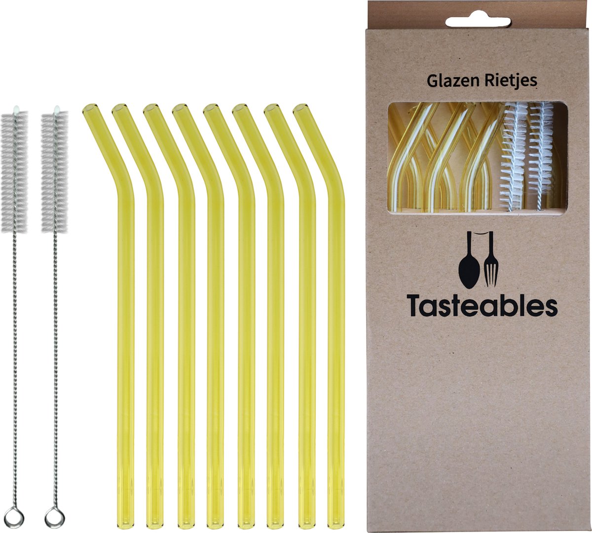 Glazen Rietjes Gebogen - Cocktail Rietjes - Tasteables - Set van 8 - Duurzaam - Herbruikbaar - Reinigingsborstel - 200mm lengte - Goud