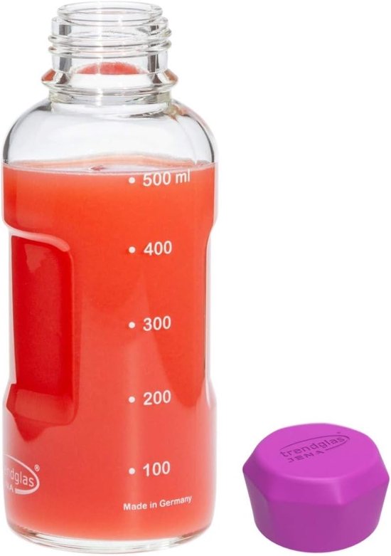 Babyflesje - Glazen fles/drinkfles to go van borosilicaatglas met schaal - paarse sluiting, 500 ml