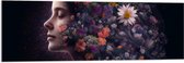 Acrylglas - Zijaanzicht van Vrouw met Kapsel van Bloemen tegen Zwarte Achtergrond - 120x40 cm Foto op Acrylglas (Wanddecoratie op Acrylaat)