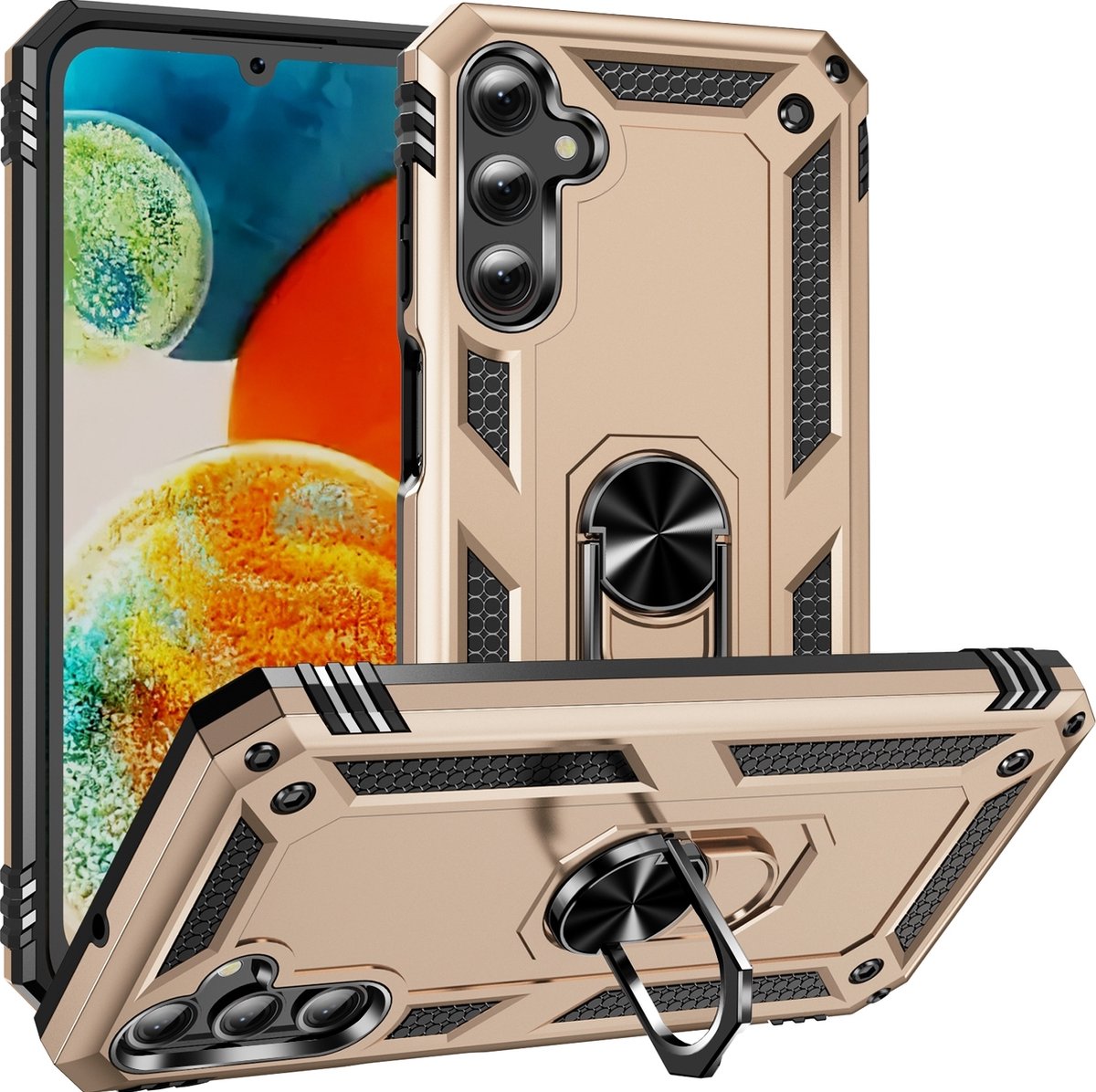 Mobigear Hoesje geschikt voor Samsung Galaxy A24 Telefoonhoesje Hardcase | Mobigear Armor Ring Backcover Shockproof met Ringhouder | Schokbestendig Galaxy A24 Telefoonhoesje | Anti Shock Proof - Goud