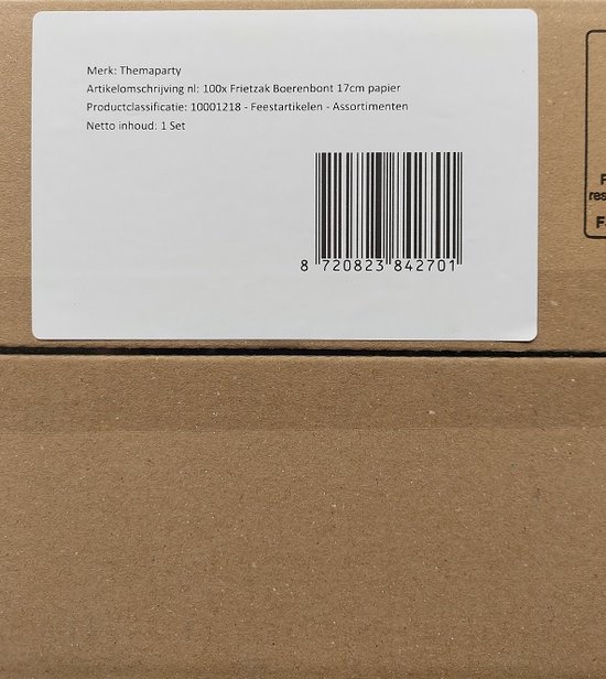 Label op een doos met barcode en productinformatie: 100x Frietzak Boerenbont 17cm papier.