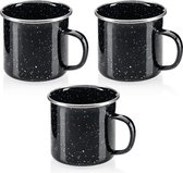 3x emaille mokken - drinkbekers van geëmailleerd RVS - theepot - koffiemok voor buiten en camping - 3-delige mokkenset - vaatwasmachinebestendig (zwart)