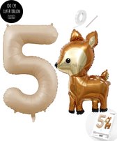 Snoes - Bambi Basis ballon set XXL Cijferballon Zand Beige 5 - Lief Hert + Cijfer Ballon 5 Jaar - Helium Geschikt