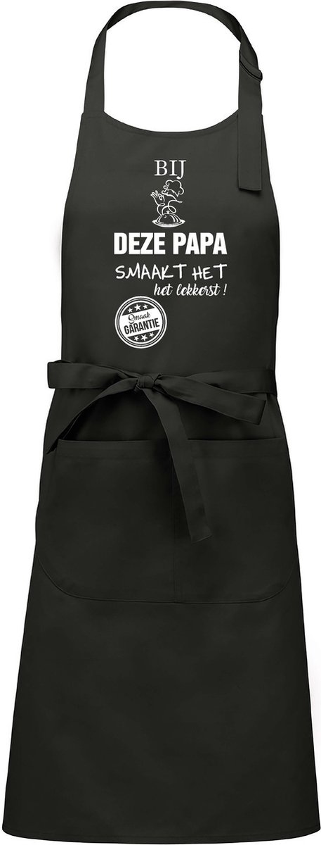 Cadeauschort - tekstschort - Keukenschort - BBQ schort - verjaardag - vaderdag - het smaakt het lekkerst bij deze Papa - chique grijs