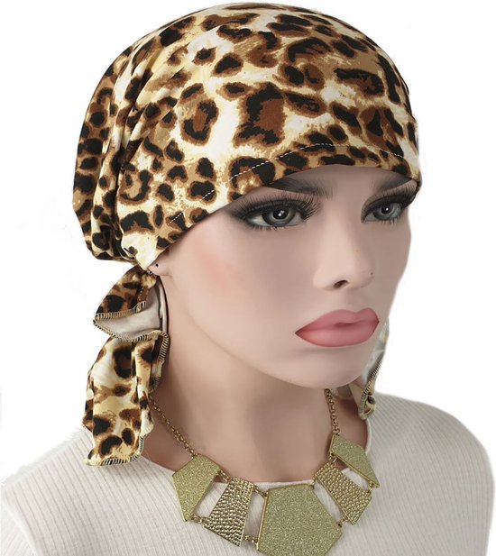Bandana chemomuts hoofddoek voor haarverlies luipaard print bruin maat one size