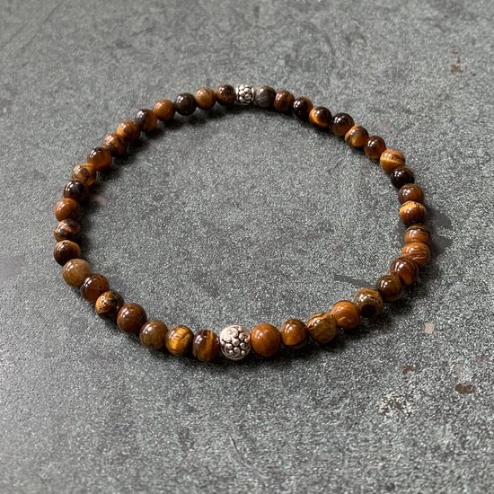 Armband - natuursteen - Tijgeroog - Tiger eye - 18,5 cm 4 mm - zilverkleurig element