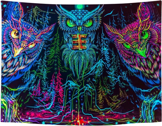 Ulticool - Hibou oiseau de proie Boho Bohème - Glow dans le noir - Toile de fond pour tapisserie de fête à Lumière noire - 200x150 cm - Toile de fond réactive à la lampe UV - Groot tapisserie - Affiche - Siècle des Lumières néon fluorescent