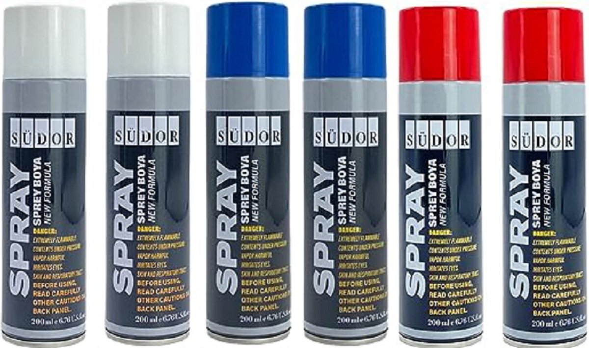 Südor Spuitverf Set 6x200 ml Sneldrogende graffitiverf , Spuitlak , Spuitbus , spuitverven Wit + Blauw + Rood