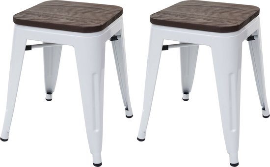 Twee witte metalen krukken met donker houten zitting.