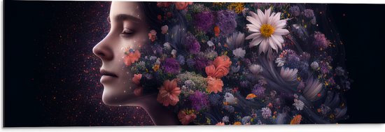 Dibond - Zijaanzicht van Vrouw met Kapsel van Bloemen tegen Zwarte Achtergrond - 90x30 cm Foto op Aluminium (Met Ophangsysteem)