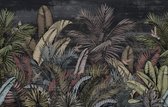 Fotobehang Pattern Wallpaper Jungle Tropical Drawings Of Palms Trees And Birds Of Different Colors With Birds And Black Background - Vliesbehang - 312 x 219 cm