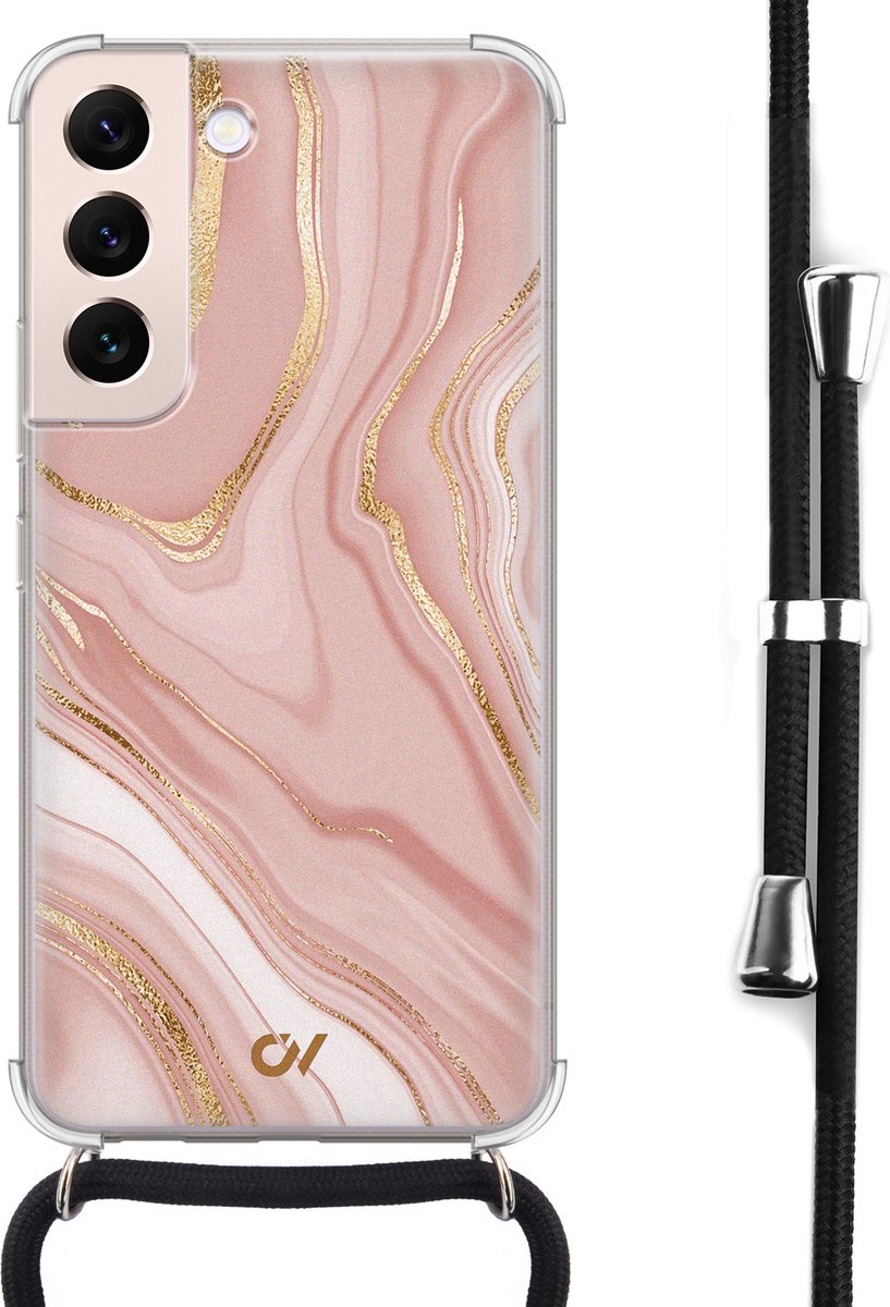 Telefoonhoesje met koord geschikt voor Samsung S22 - Rose Marble - Inclusief koord - Transparant, Roze - - Crossbody beschermhoes - Met Telefoonketting