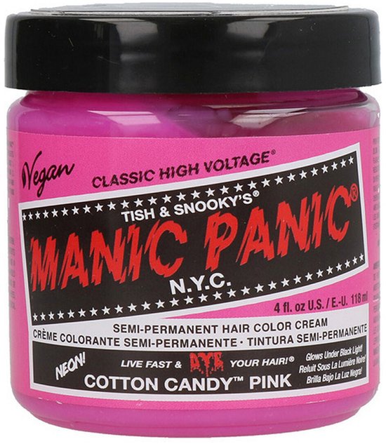Een potje Manic Panic Cotton Candy Pink haarverf op een witte achtergrond.