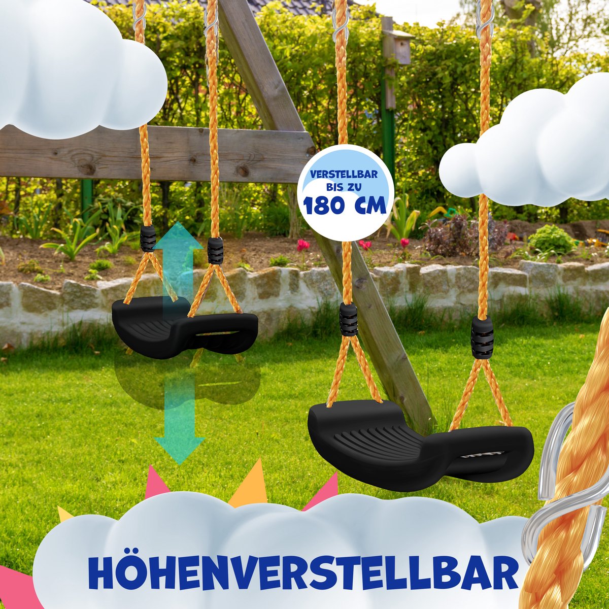 KIDIZ® Schommel Kinderschommel Set - Incl. Accessoires Schommelzitje PP-Touwen Schommelplank Tuin Buiten Binnenschommel voor kinderen om op te schommelen Plastic Hoogte Verstelbaar Antislip - Zwart — afbeelding 2