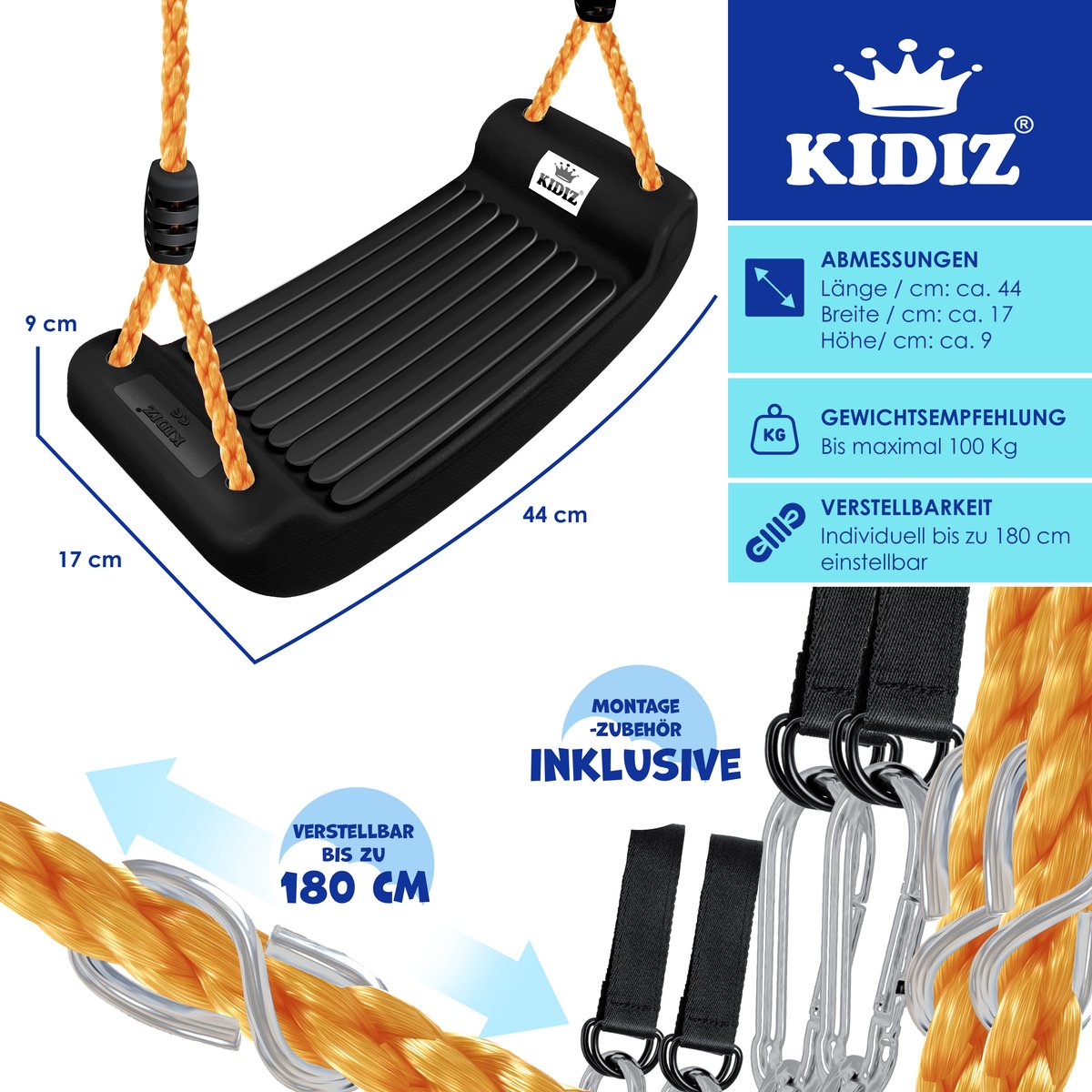 KIDIZ® Schommel Kinderschommel Set - Incl. Accessoires Schommelzitje PP-Touwen Schommelplank Tuin Buiten Binnenschommel voor kinderen om op te schommelen Plastic Hoogte Verstelbaar Antislip - Zwart — afbeelding 7
