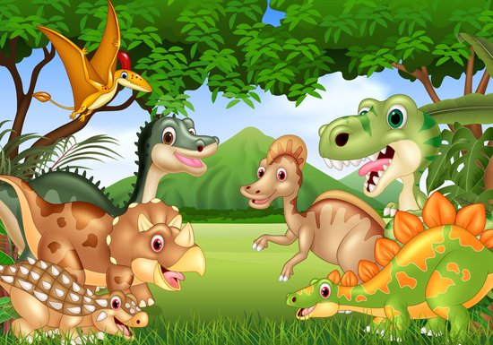 Fotobehang Kleurrijke Dinosaurussen In Een Open Plek - Vliesbehang