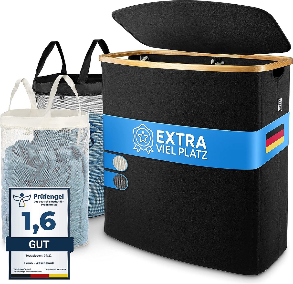 Goedkoopste Wasmand met deksel [toevoeging] Wasmand wit met uitneembare waszakken - wasmand voor badkamer en slaapkamer - wasmand 2 vakken - grote wasmand met 140 l