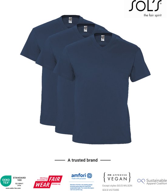 3 Pack SOLS V-hals, Heren T-Shirt 100% katoen V-hals, Denim Blauw, Maat L