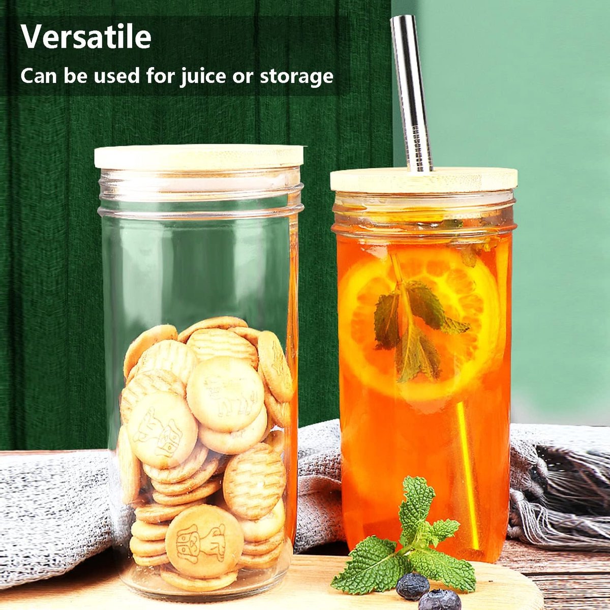 TAVADA Bubble Tea Cup 6er Set,Tin Shaped Glass Cups,Mason Jar with Lid and Straw,Drinking Glasses with Bamboo Lids and Glass Straws,Ideal for Water, Cocktail,Whiskey,Soft Drink