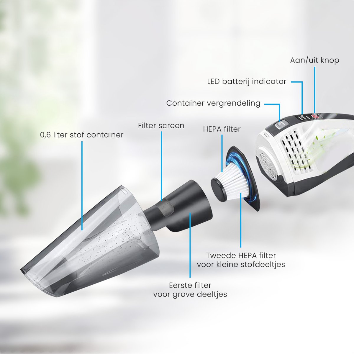 Auronic Kruimeldief - Handstofzuiger - Auto Stofzuiger - Kruimelzuiger - Snoerloos - Nat en Droog - HEPA Filter - Mini Stofzuiger - Donkergrijs - Met Opzetstukken — afbeelding 4