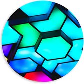 PVC Schuimplaat Muurcirkel - Verschillende Neon Kleurige Hexagons tegen Zwarte Achtergrond - 60x60 cm Foto op Muurcirkel (met ophangsysteem)