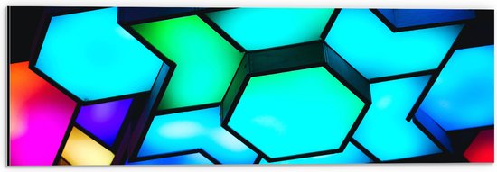 Dibond - Verschillende Neon Kleurige Hexagons tegen Zwarte Achtergrond - 60x20 cm Foto op Aluminium (Wanddecoratie van metaal)