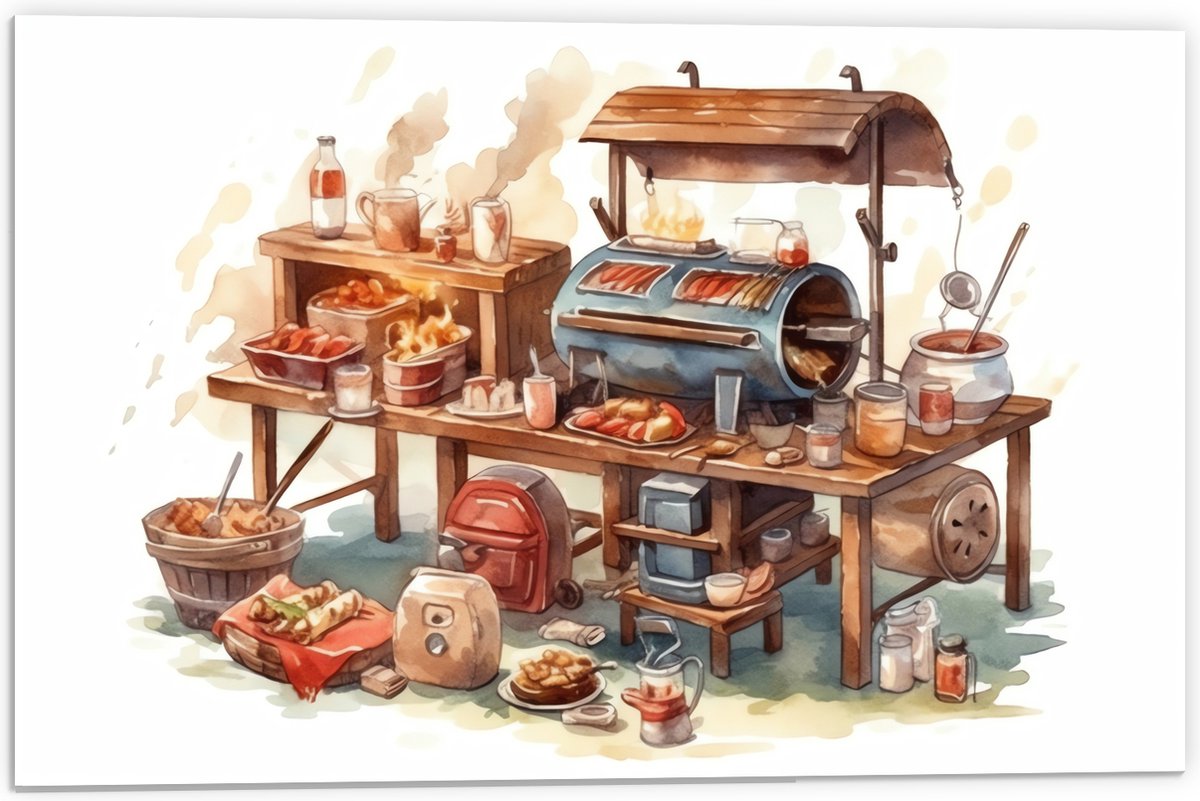 PVC Schuimplaat - Tekening van Barbecue - 60x40 cm Foto op PVC Schuimplaat (Met Ophangsyst